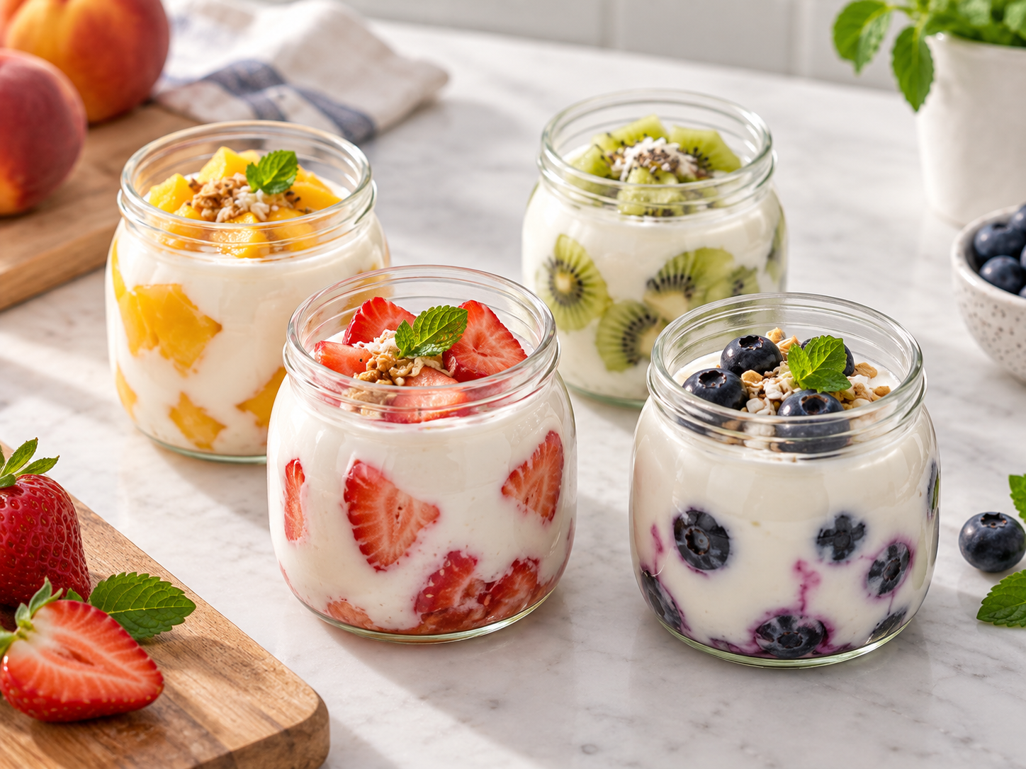 Yogur casero recién hecho en los frascos